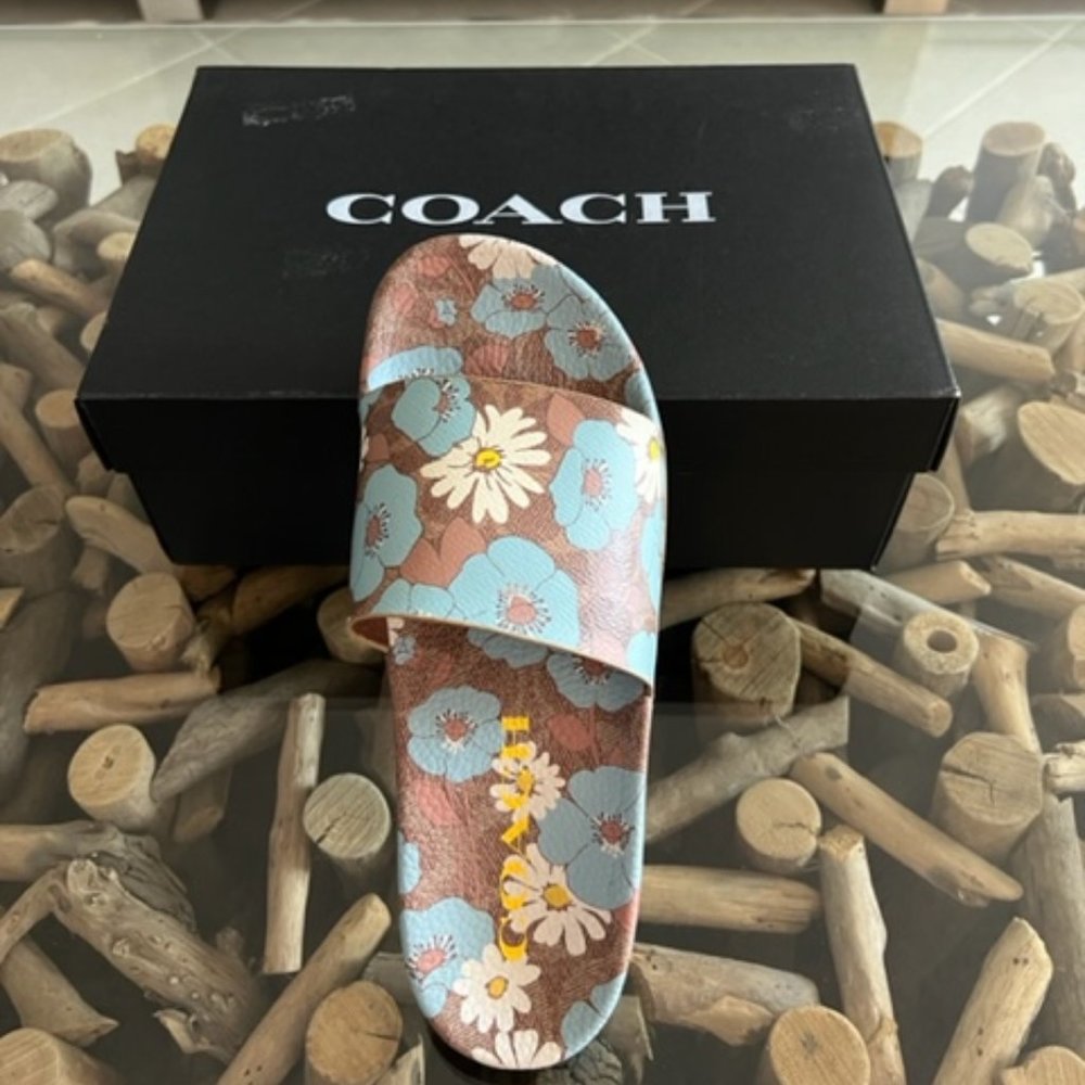 COACH Udele Sig Floral Aqua Rubber Slide Sandals - Picture 1 of 7